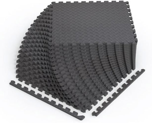 Norsk Foam Floor Gym Mats with Interlocking Tiles, .47" Thick, 24"x24", 36-Pack, 144 Square Feet, Diamond Plate Design, Grey