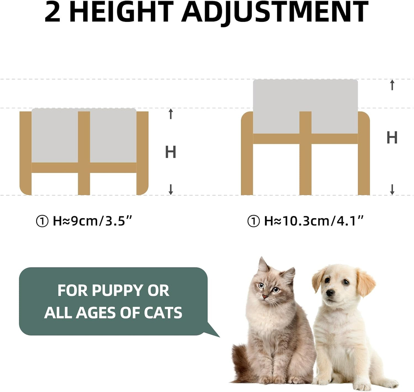 Ceramic Raised Double Bowls Set with Stand, 2 Heights Elevated, Food & Water Bowls for Small Breed Dogs, Cats, Kitty, Weighted Dog Dishes, Pet Bowls(5.1'',13.5oz, Grey)