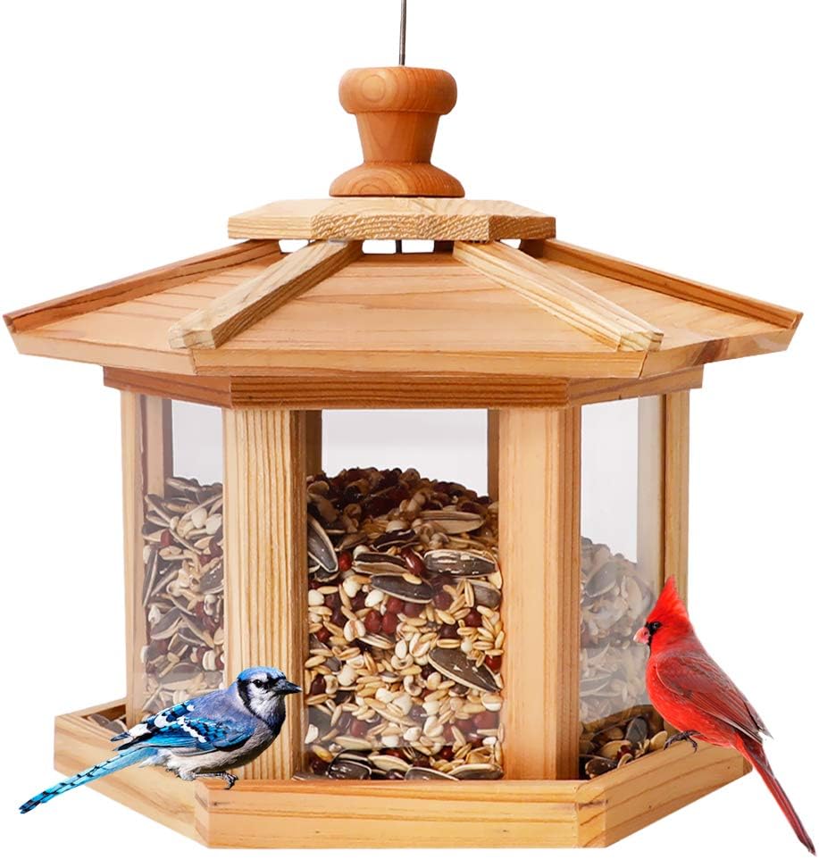 Solution4Patio Bird Feeder for Outdoors - USA Cedar Hexagon Gazebo Bird Feeders with Vented Mesh Tray, Easy-Clean & Fill Design 9.6" Dia. X 8.7" H 3.2-lb Capacity