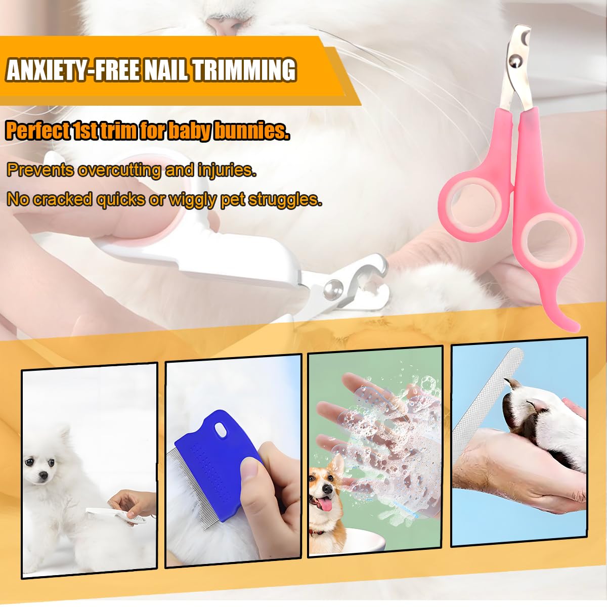 Rabbit Grooming Kit – Bunny Grooming Kit with Shedding Brush, Nail Clippers & Comb – Small Animal Grooming Supplies for Rabbits, Guinea Pigs, Hamsters, Ferrets - Small Pet Shedding & Care (Pink)