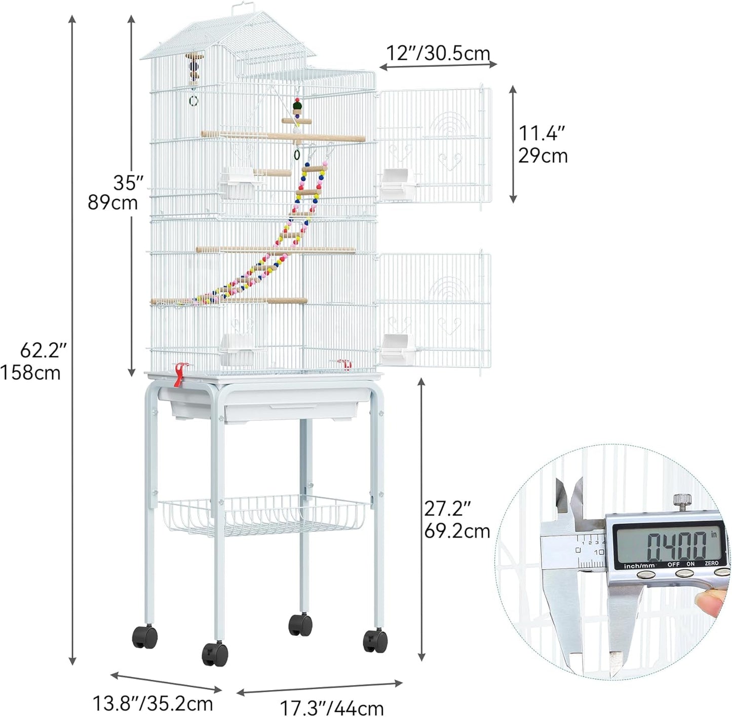 YITAHOME 62 inch Metal Bird Cage, Large Parakeet Cages for Parrot, Cockatiel, Lovebird, Pigeon with Roof Top, Rolling Stand and Hanging Accessories, White