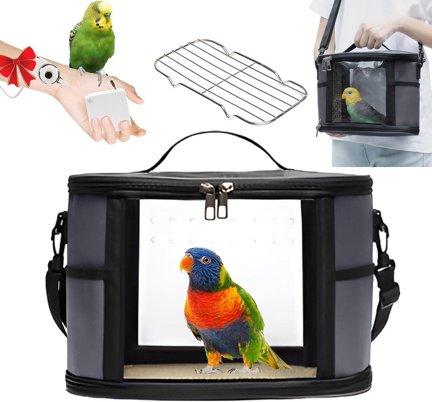 Bird Travel Carrierm, Small Bird Travel Backpack Carrier Cage with Tray and Breathable Clear Window, for Parakeet Cockatiel Budgies, for Camping Hiking (Small-Black)