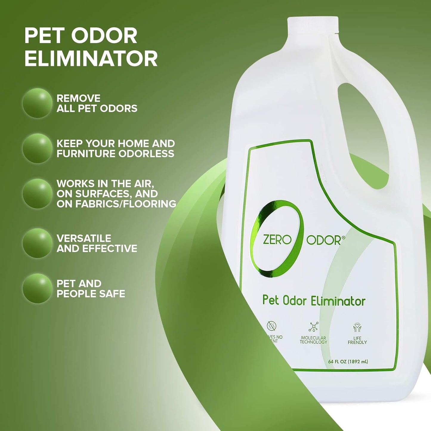 Zero Odor - Pet Odor Eliminator for strong odor, Eliminate Air & Surface Odors – Patented Molecular Technology Best For Carpet, Furniture, Beds Smell Great Again, 64oz Refill