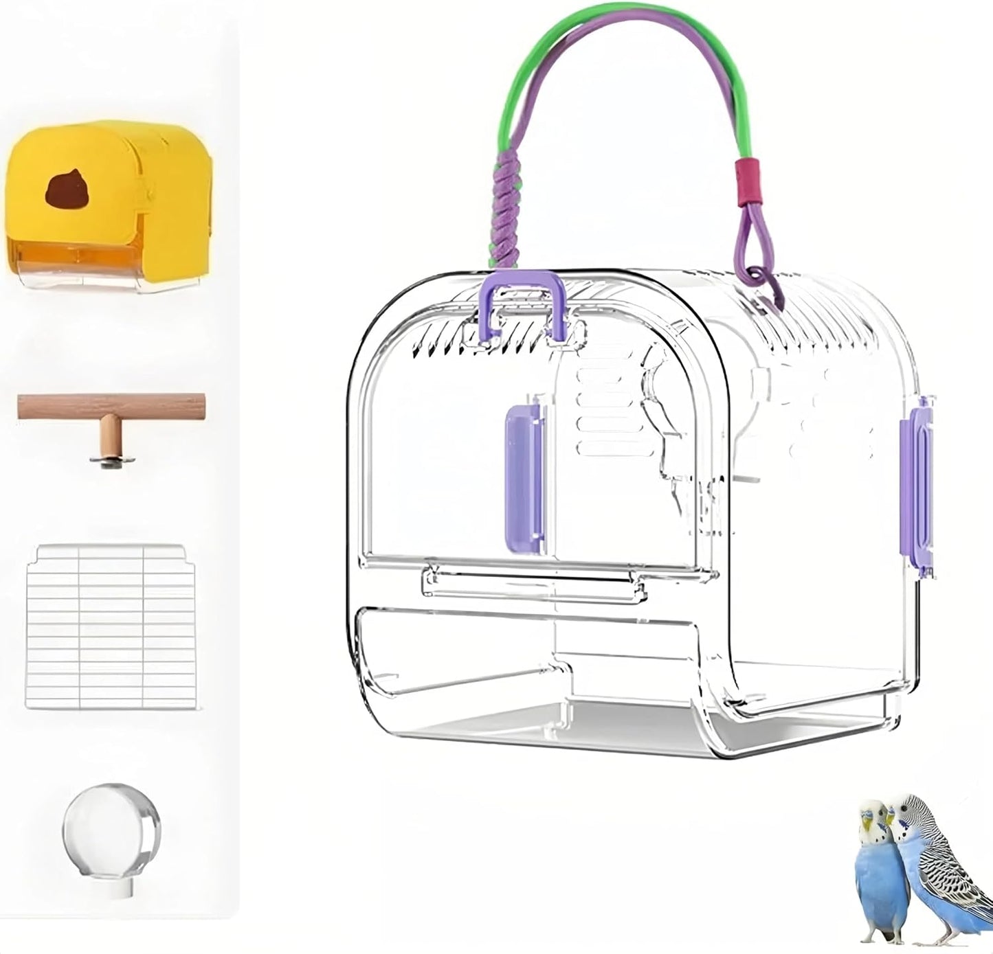 Small Bird Travel Cage Carrier,Portable Plastic Bird Cages,Portable Bird Carrier with Clear Acrylic Design, Travel Cage with Cover, Indoor Outdoor Use (Purple)