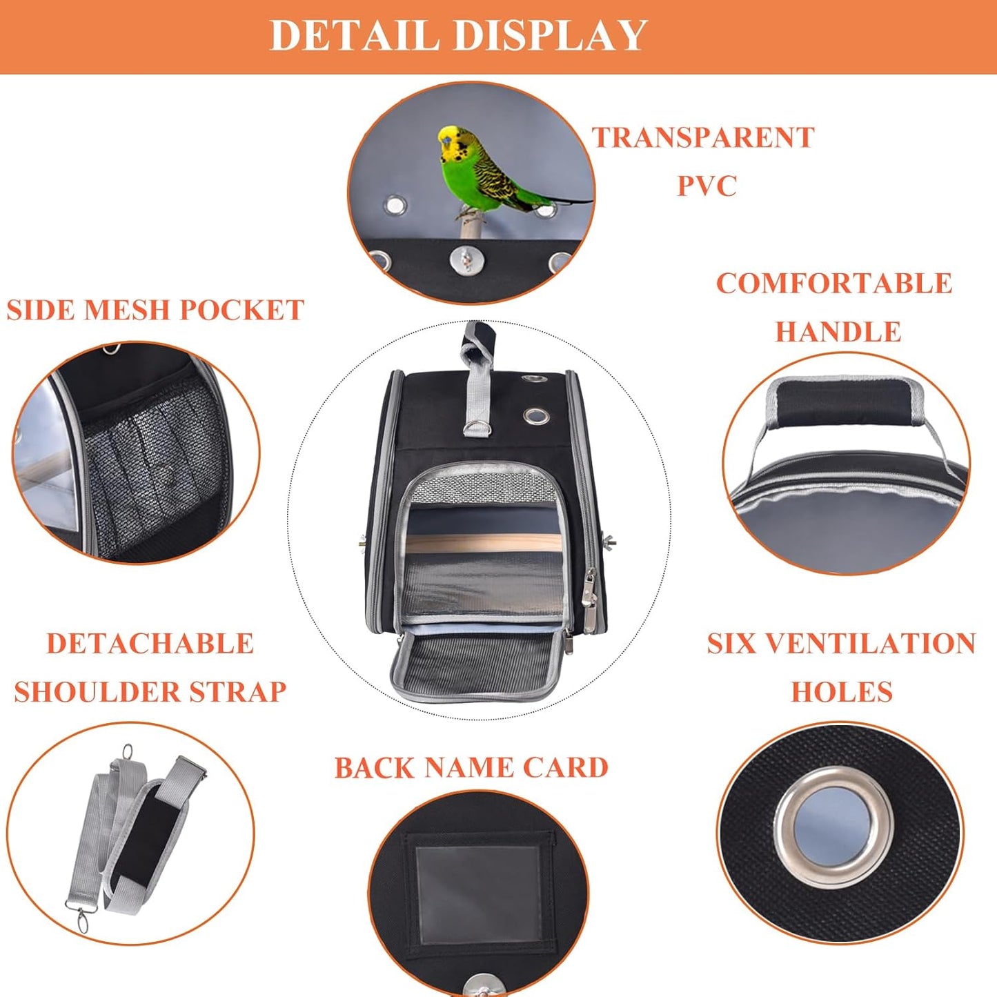 Bird Carrier with Stand & Tray, Small Bird Travel Cage for Parrot & Parakeet, Shoulder Strap - Black