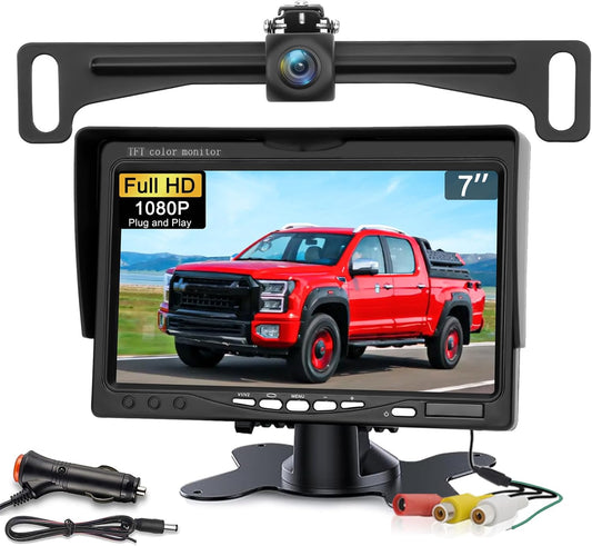 Kairiyard Backup Camera with 7 Inch Monitor, HD 1080P Reverse Rear View Camera Waterproof DIY Grid Lines No-Delay Wired License Plate Camera System for Truck Car SUV