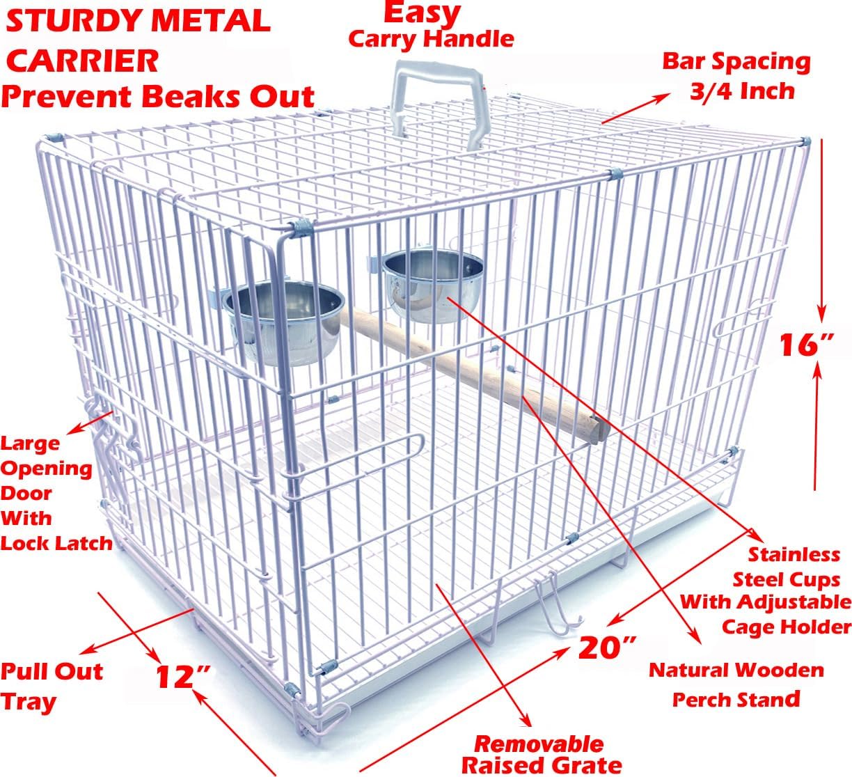 Pet Products Metal Portable Travel Vet Bird Parrot Carrier Cage Prevent Beaks Out White, 19-Inch by 12-Inch by 16-Inch