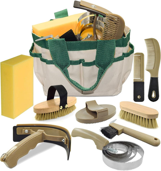 9 Pieces Horse Grooming Kit, Tack Room Supplies Set with Tote Bag, Horse Brush Set for Effective Cleaning and Bathing, Professional Equine Coat Care Kit for Horse Riders Beginner