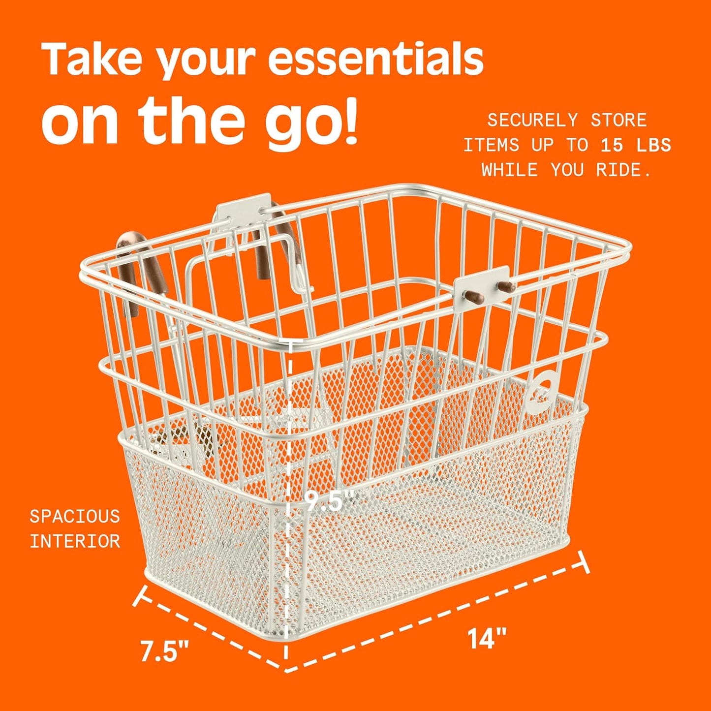 Retrospec Apollo Detachable Front Bike Basket Steel Half-Mesh with Integrated Detachable Hooks and Built-In Handle, Easy Assembly and Portability for Bicycles