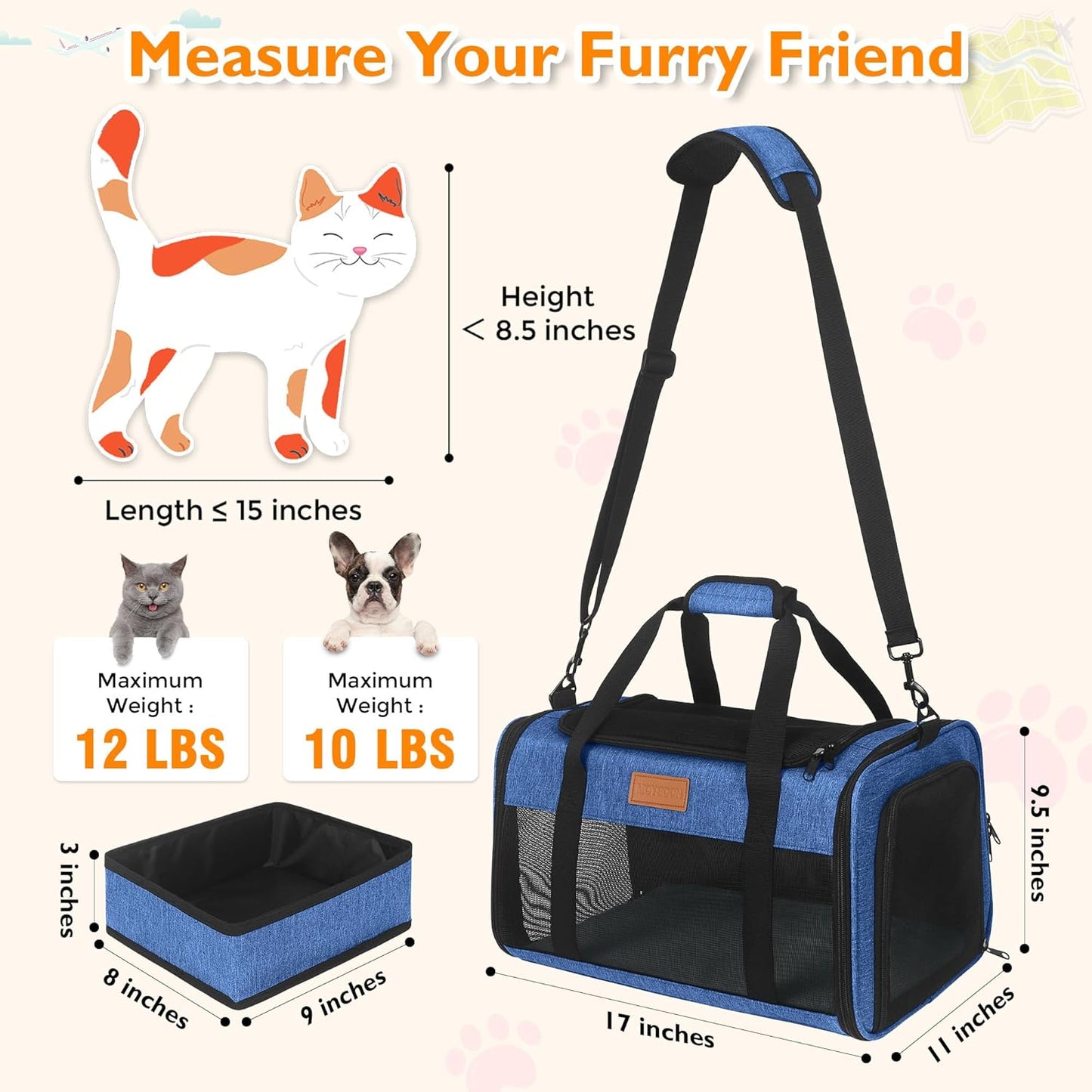 PETUX TSA Approved Pet Carrier in Cabin, 17"x11"x9.5" Soft Cat Carriers for Small Cats up to 12 lb, Top-Open Portable Dog Carrier with Litter Box and Anti-Scratch Mesh for Puppy up to 10 lb (Blue)