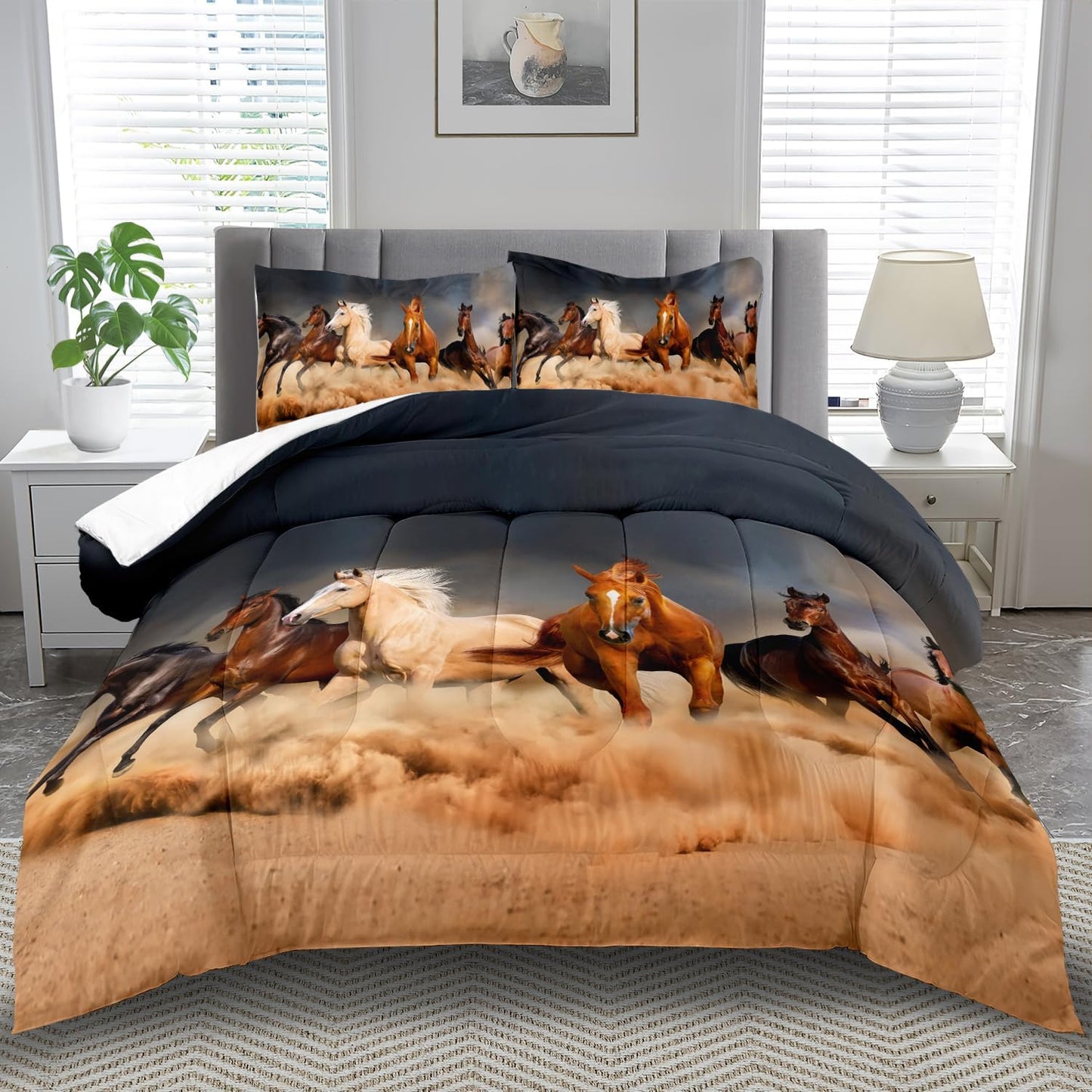 Western Horse Comforter Set Full for Boys,Brown Western Cowboy Bedding Sets Full Size, Farm Style Animal Horse Quilt for Boys, Southwestern Farmhouse Home Cowgirl Comforter Bedroom Decor