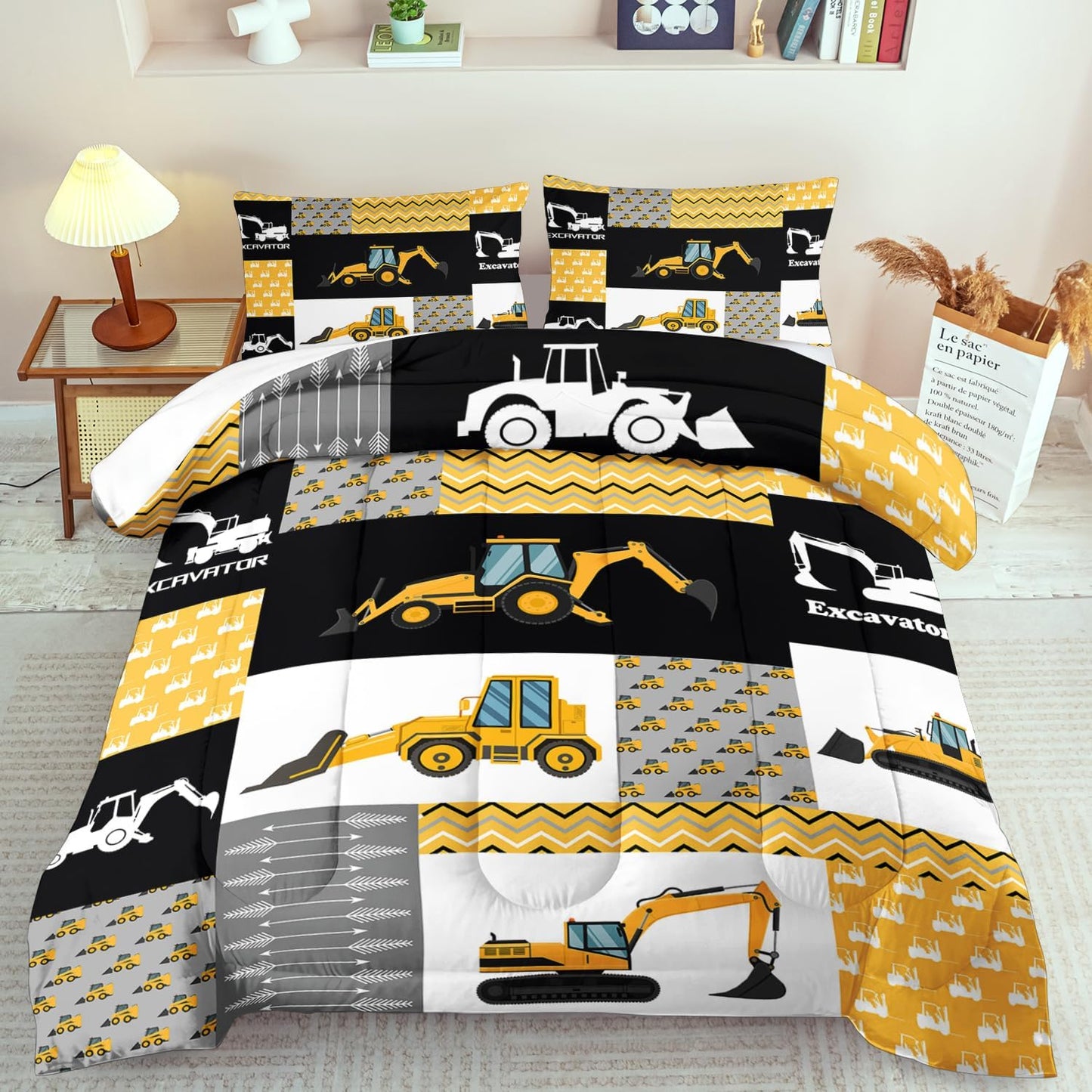 Construction Comforter Set Queen Boys,Yellow Queen Construction Bedding Set,Engineering Vehicles Comforter Yellow Bedroom Decor Kids,Truck Quilt Cartoon Truck Bedding for Teen