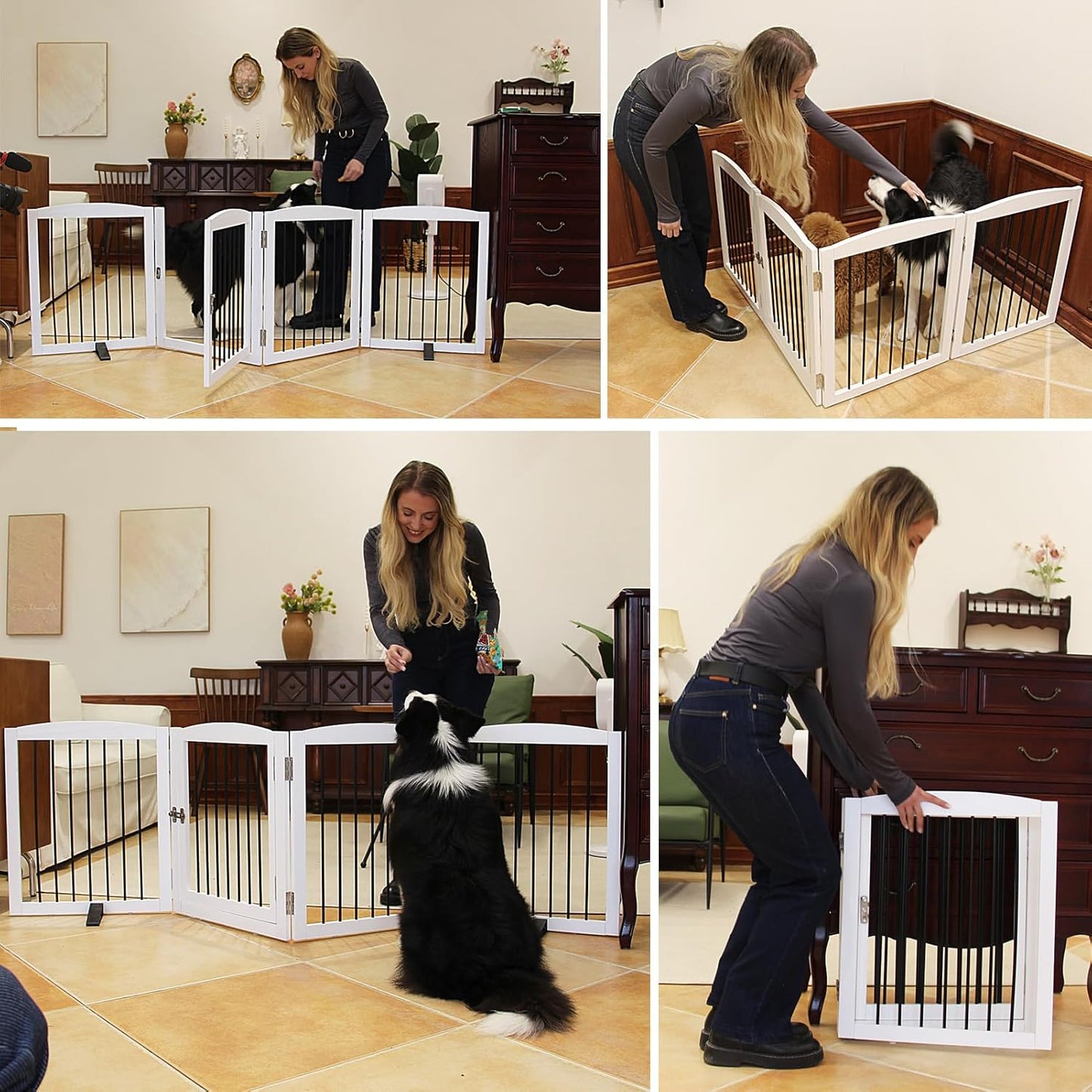 ZJSF Foldable Indoor Dog Door with Walk Through Door, Freestanding Pet Door for The House,Doorways, Stairs, Pet Puppy Safety Fence with Support Feet, White 6 Panels 120" Wide 32''Height