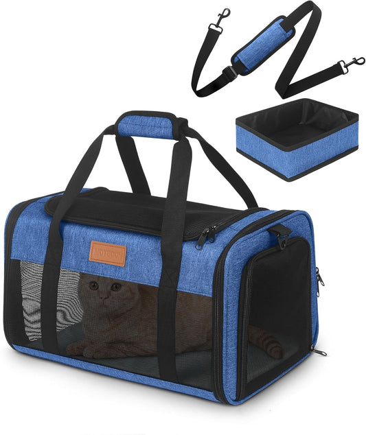 PETUX TSA Approved Pet Carrier in Cabin, 17"x11"x9.5" Soft Cat Carriers for Small Cats up to 12 lb, Top-Open Portable Dog Carrier with Litter Box and Anti-Scratch Mesh for Puppy up to 10 lb (Blue)