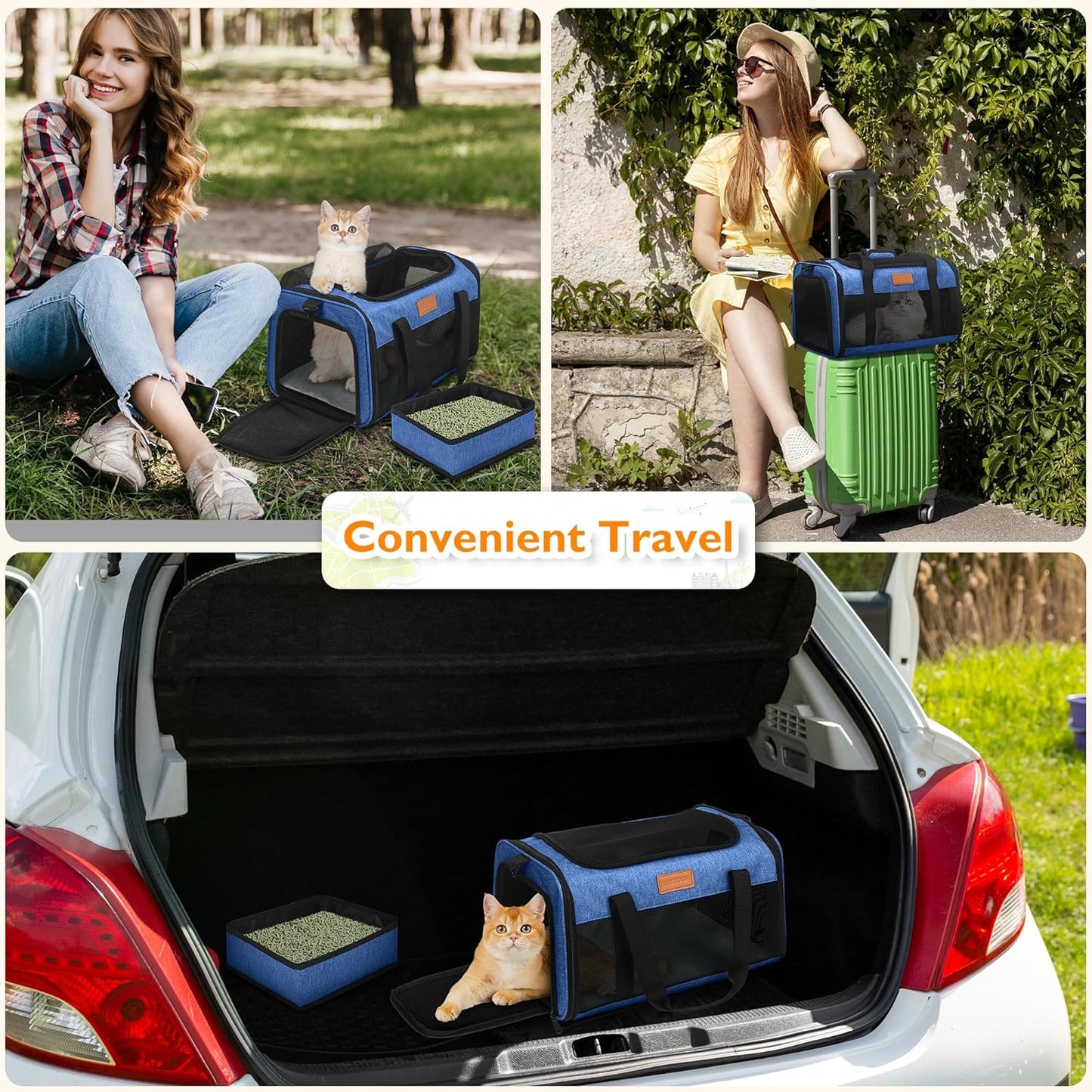 PETUX TSA Approved Pet Carrier in Cabin, 17"x11"x9.5" Soft Cat Carriers for Small Cats up to 12 lb, Top-Open Portable Dog Carrier with Litter Box and Anti-Scratch Mesh for Puppy up to 10 lb (Blue)